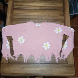 No Comment LS Pink Knit Crop Sweater w/ Raw Hem - Size Medium